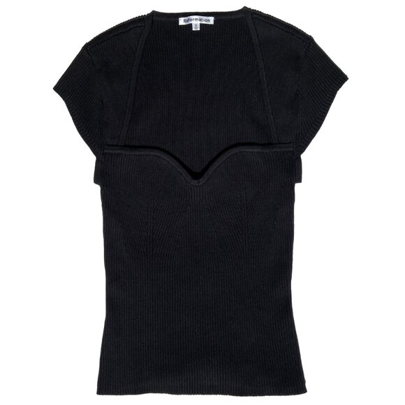 REFORMATION NADINE RIBBED KNIT FITTED SWEATER TOP SWEETHEART NECKLINE BLACK SMAL - Picture 2 of 8